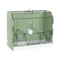 Green show cage with black wire front and three front doors, fitted with perches, feeders and a drinker, for canaries, finches and small birds.