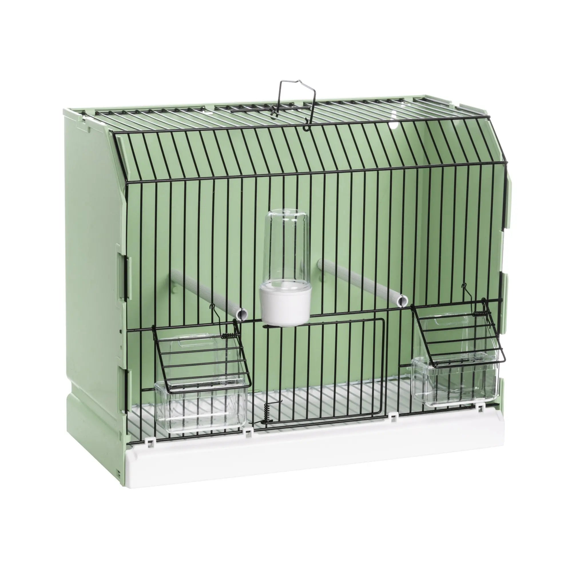 Green show cage with black wire front and three front doors, fitted with perches, feeders and a drinker, for canaries, finches and small birds.