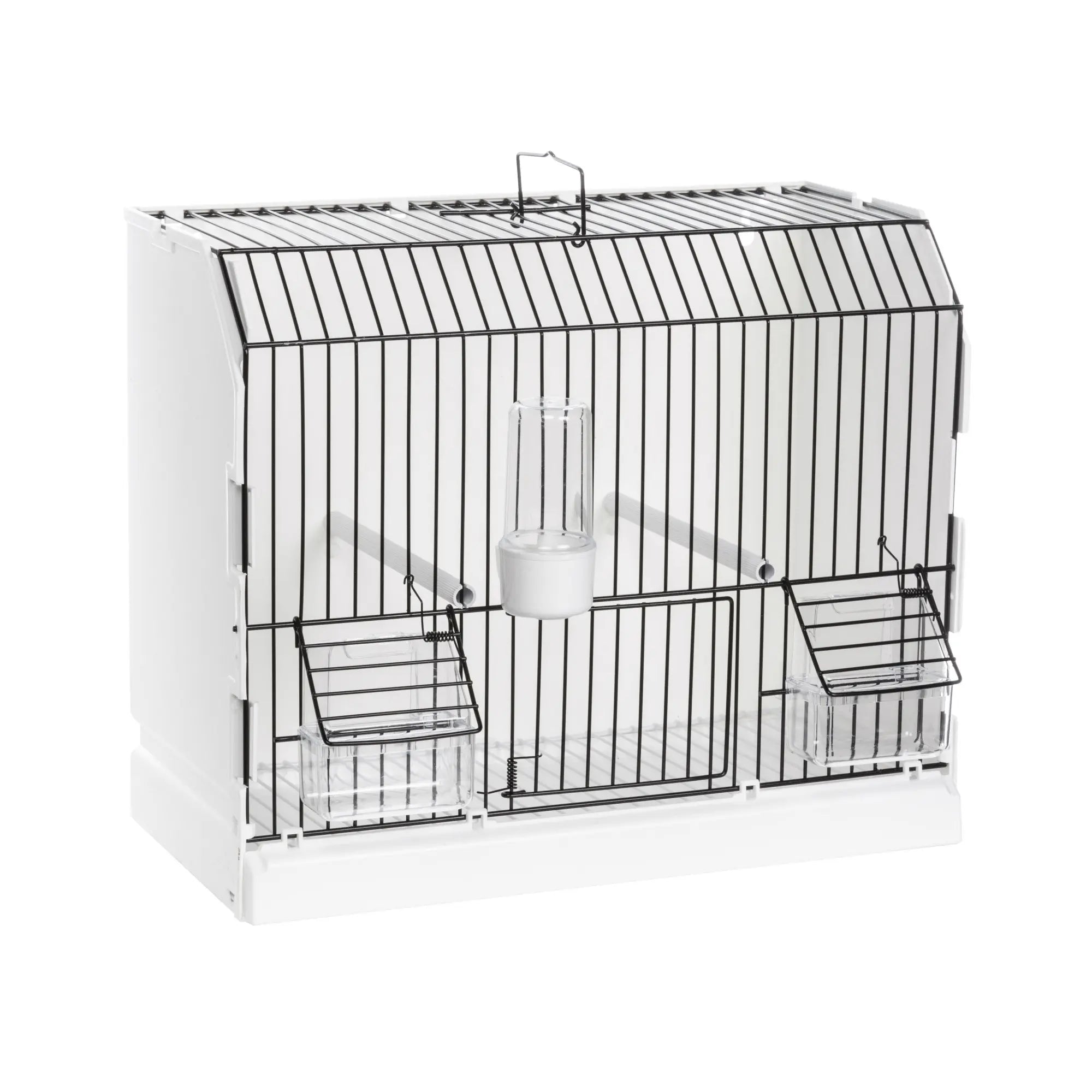 White show cage with black wire front and three front doors, fitted with perches, feeders and a drinker, for canaries, finches and small birds.