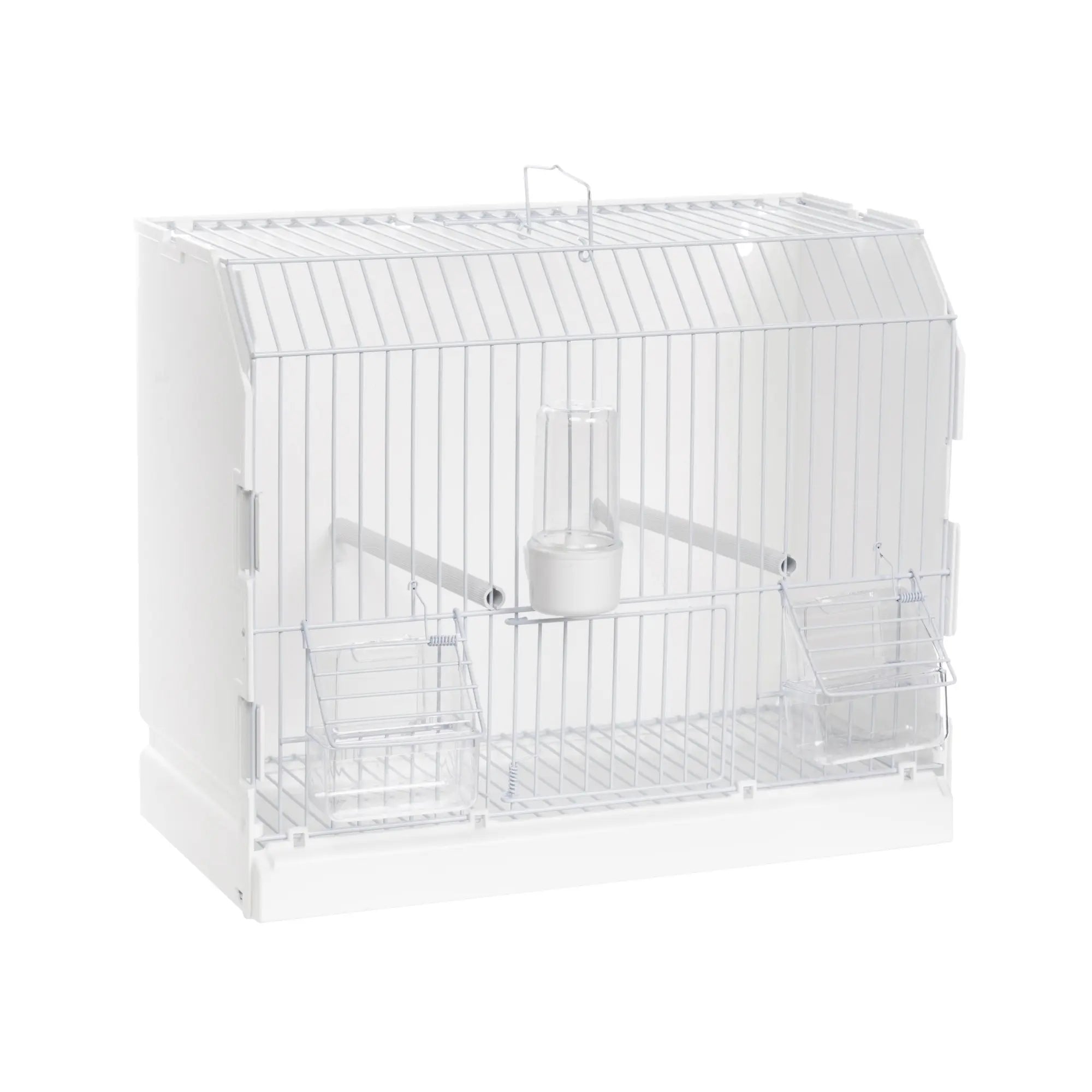 White show cage with white wire front and three front doors, fitted with perches, feeders and a drinker, for canaries, finches and small birds.